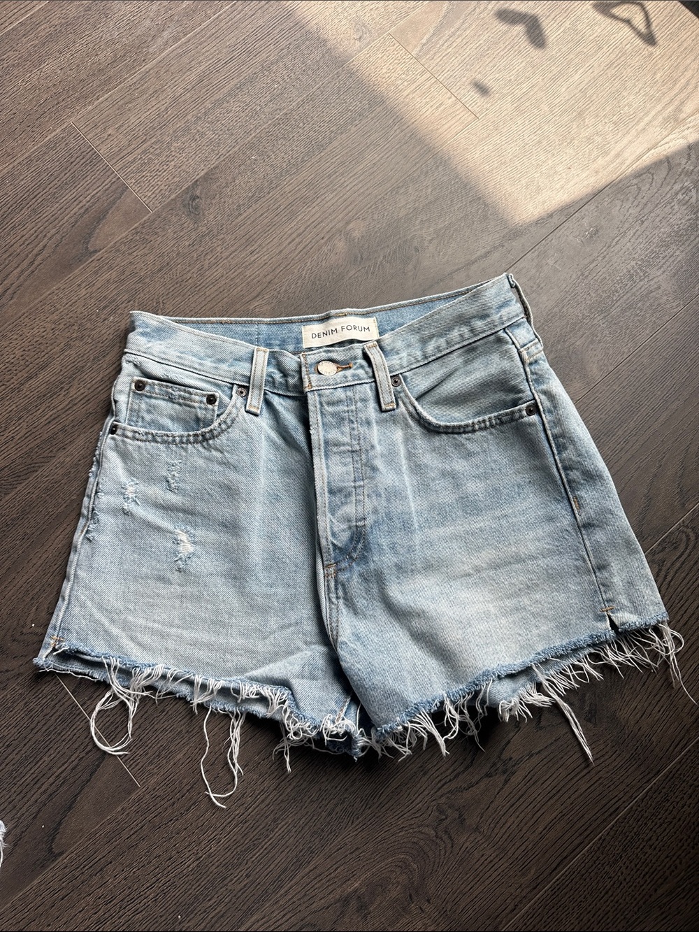Denim Forum Washed Blue High-Rise Frayed Hem Jean Shorts